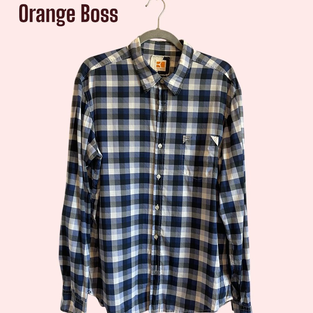 Hugo Boss Orange Label Vintage Checkered Shirt Men XL Blue Black White EUC